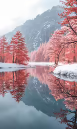 trees are red with snow on the ground