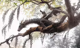 a dragon on the back of a tree branch in the fog