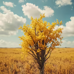 a yellow bush on the prairie with clouds and blue sky