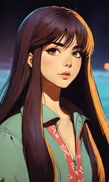 a young girl with long brown hair standing on the ocean,an anime girl with long hair looks away from the camera