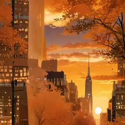there is a city skyline that has a sunset