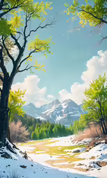 a painting of snowy mountains with trees and dirt path