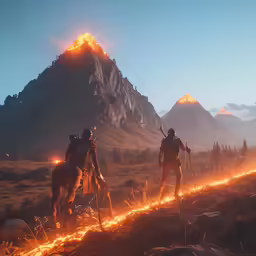 two people on horses walk towards a mountain