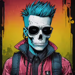 a skull wearing sunglasses and a pink jacket,a man with a blue hair wearing a red jacket and sunglasses
