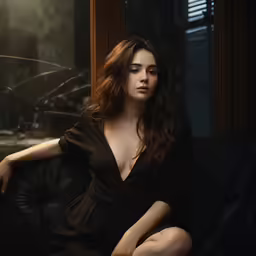 a woman wearing black dress sitting on a couch