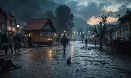 a rainy night with people walking on a street near a building