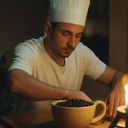 a chef putting food in a large bowl