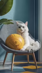 a white cat sitting in a gray chair with a yellow ball