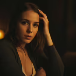 a girl is wearing a sweater and leaning on a table