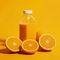 oranges surrounding a bottle on an orange background