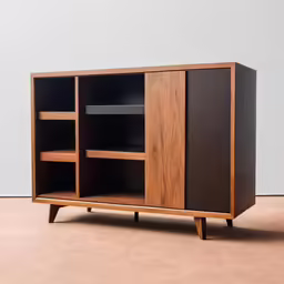 an empty wooden cabinet with four compartments