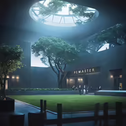 the inside of a large building with some people standing outside