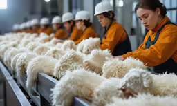 workers working at the end of a line of sheep