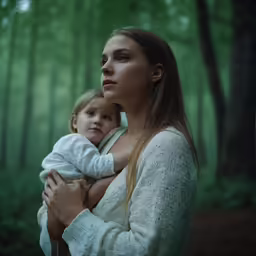 woman carrying small child in forest, looking off into distance