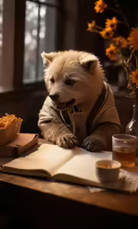 a dog wearing a sweater sitting at a desk next to a book