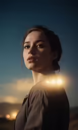 a woman standing in front of a flashlight