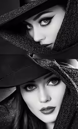 two pictures, one showing a woman with dark make up and the other a woman in a black top hat