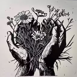 a drawing of a hand that is holding a flower,two hands hold flowers, while a plant is in their center
