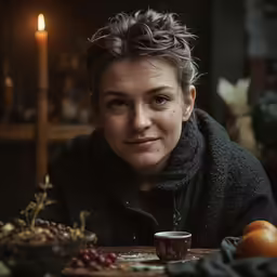 a woman smiles while sitting down in front of a plate of food