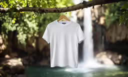 white t - shirt hanging from a branch near a waterfall