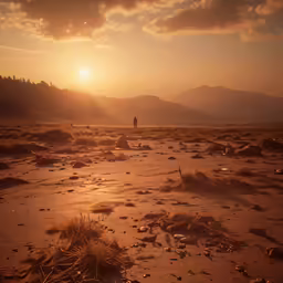 sunset in desert with man walking on sand area