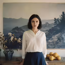 a woman in a white shirt standing by a painting