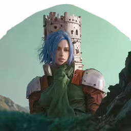 a woman with blue hair posing in front of a castle