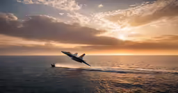 a small airplane is flying low over the ocean