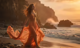 a girl on the beach is wearing an orange dress