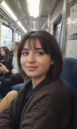 a woman sitting in a train with other people