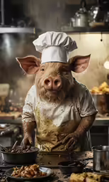 the chef hog is standing at a kitchen table with his head sticking out