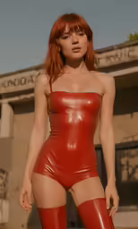 a woman in a red bodysuit poses for the camera