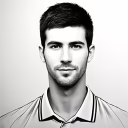 a black and white photo of a man in a polo shirt