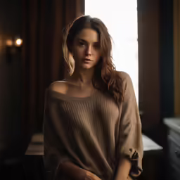 a young woman is sitting in front of a window