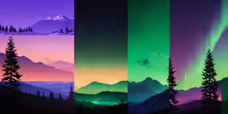 several photos of the same sky and mountains,an image of three pictures, one showing trees and the other showing green and purple
