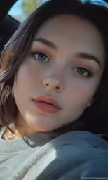 the close up portrait of a young woman with brown hair and eyes closed