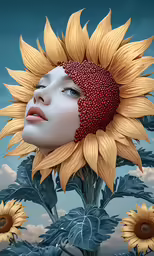 the face of a woman with large sunflowers in her hair