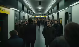 a group of people are walking down a hallway
