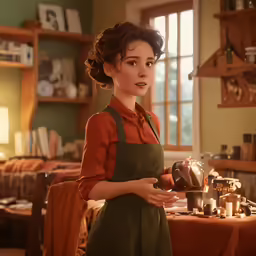 a beautiful woman in an orange shirt holding a coffee pot