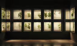 the room has seven plant displays on the wall