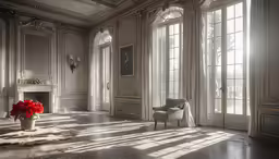 a large room with large windows and chandelier