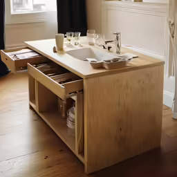 a wooden table with drawer under it sitting on the floor