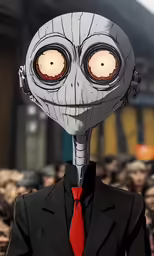 a cartoon image with the head of an alien, and red eyes