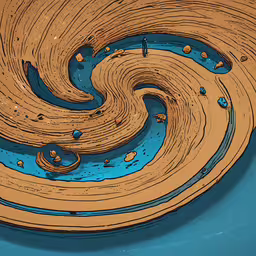 a drawing of the water next to the shore in a blue sea,an illustration of water swirling around a orange plate