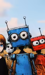 a boy and girl with red eyes next to a blue robot
