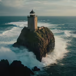 the light house on top of the cliff has waves crashing in