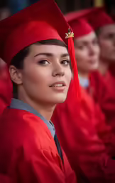a girl in a red cap and gown looks up