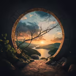 the portal in the ground has an image of the sun going down