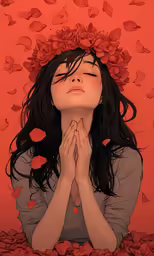 an illustration of a woman that is laying down in the air with her hands clasped over her face