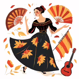 woman in black dress with guitar, accordion and orange leaves